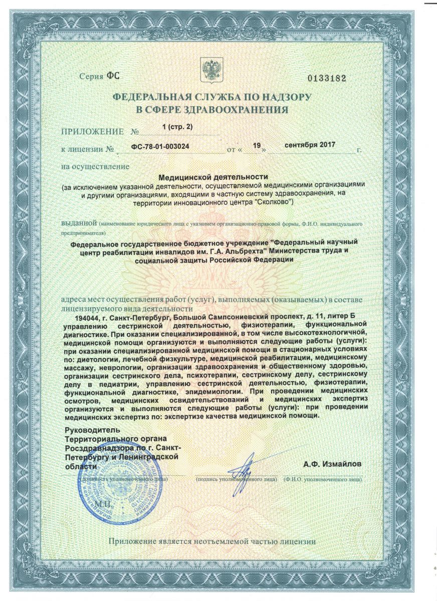 Лицензия Центр реабилитации инвалидов им Альбрехта
