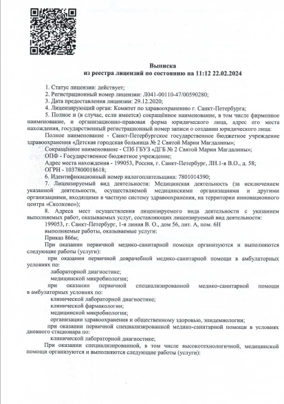 Лицензия Больница 2 Марии магдалины