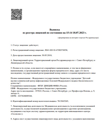 Лицензия Федеральный центр инфекционных болезней на Профессора Попова
