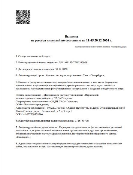 Лицензия Поликлиника Газпром