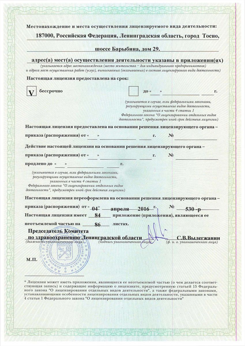 Лицензия Тосненская межрайонная больница